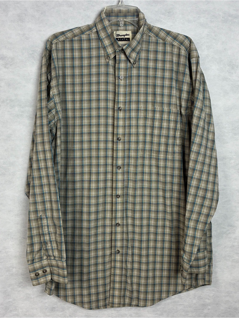 Wrangler Riata Shirt Men LT Beige Blue Plaid Long Sleeve Button Down Western
